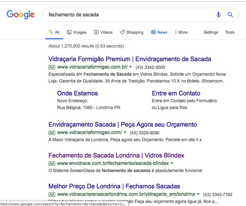 imagem do resultado de pesquisa do Google para a pesquisa por fechamento de sacadas
